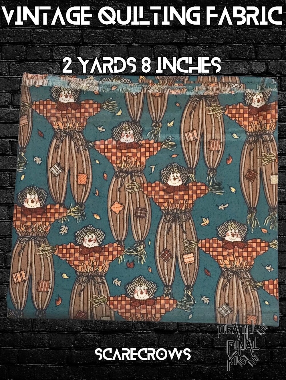 🍂 Vintage 90s teal Scarecrow Quilting Cotton Fabric Autumn Harvest 2 Yards Fall